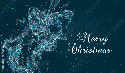 Merry Christmas silver card with blue confetti. Holiday card, banner or party poster design with welfare wishes. Blue silver star sparkle glitter confetti backdrop.