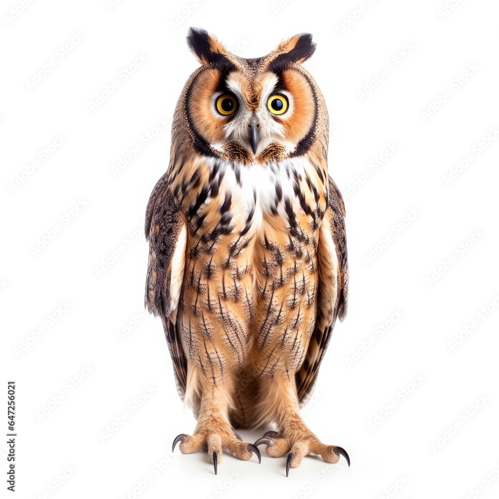 Long-eared owl bird isolated on white background. Long-eared owl bird isolated on white background.