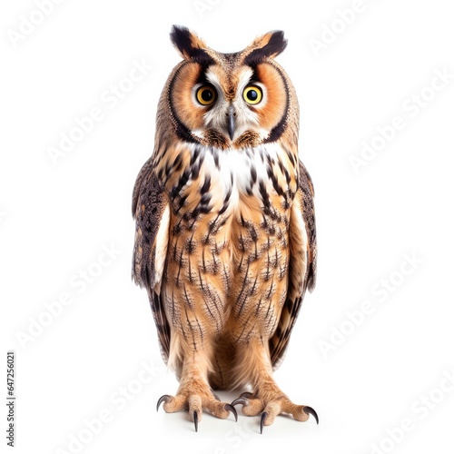Long-eared owl bird isolated on white background.