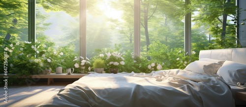 Bedroom interior design illustration with cozy style bright lighting a curtain big glass window facing green forest garden view suitable for hotel resort or house
