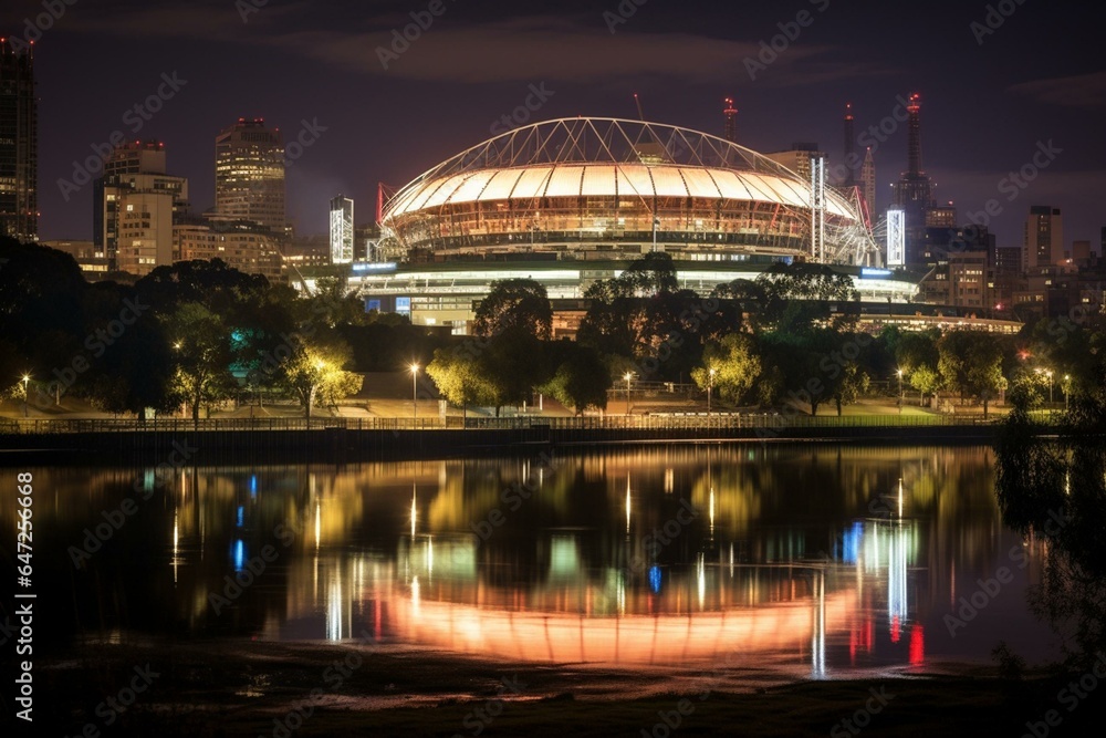 Fototapeta premium Nighttime view of Melbourne Cricket Ground from Princess Bridge in Melbourne, Victoria. Generative AI