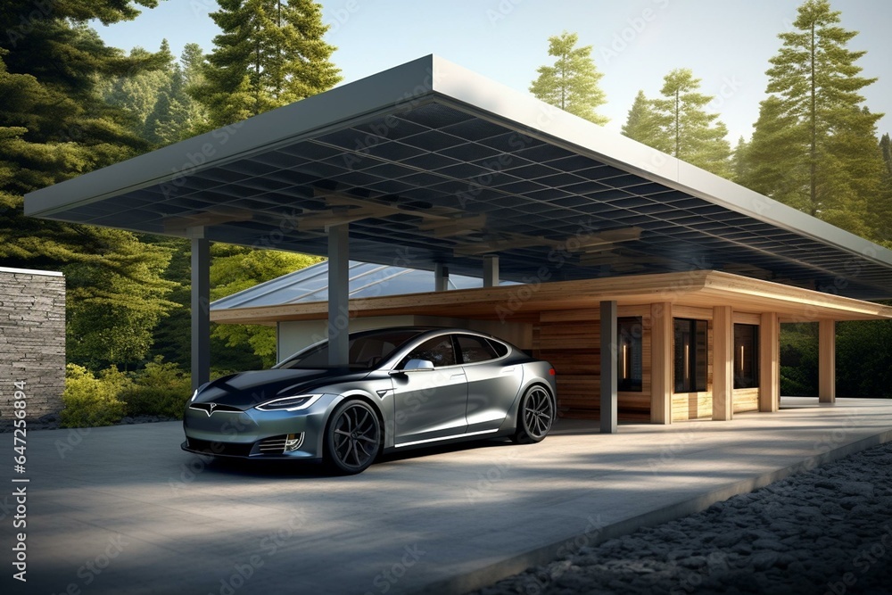 A solar carport featuring house technology cut out. Generative AI