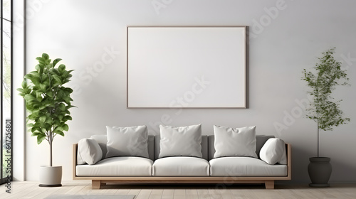 Grey sofa near wall with abstract art poster. Minimalist interior design of modern living room