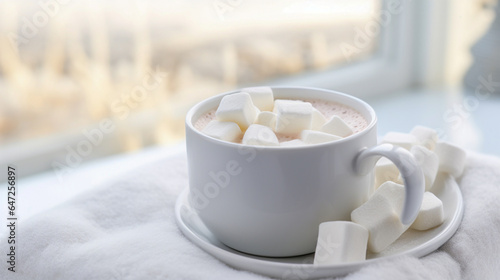 Snowy white setting with a cup of steaming white hot chocolate with marshmallows.