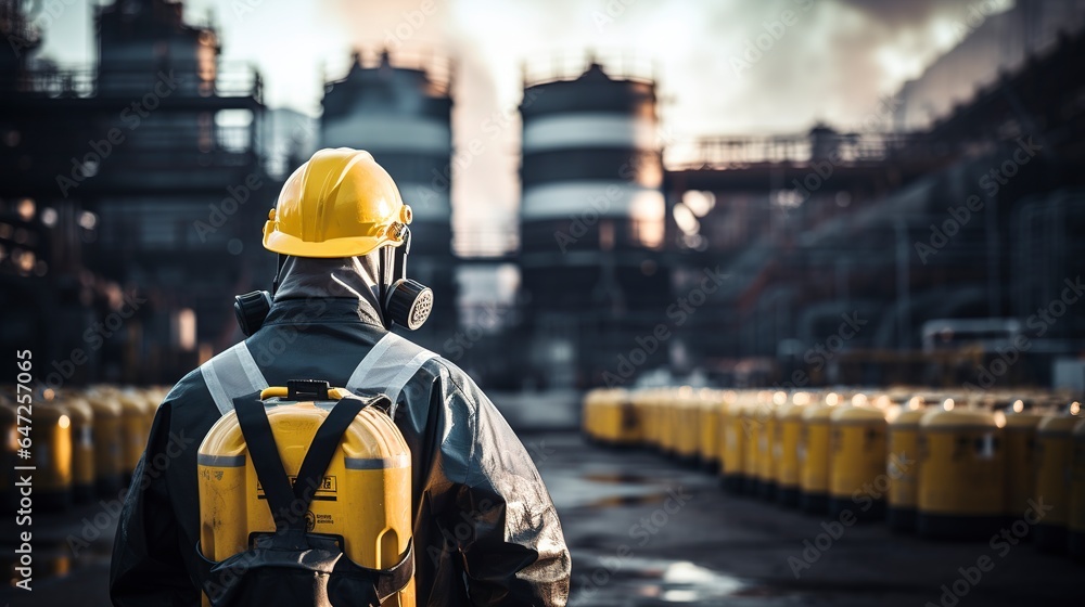 Workers in protective suits and gas masks work with hazardous chemicals in a manufacturing plant. Workers in protective suits and gas masks work with hazardous chemicals in a manufacturing plant.