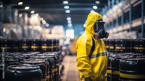 Workers in protective suits and gas masks work with hazardous chemicals in a manufacturing plant. photo