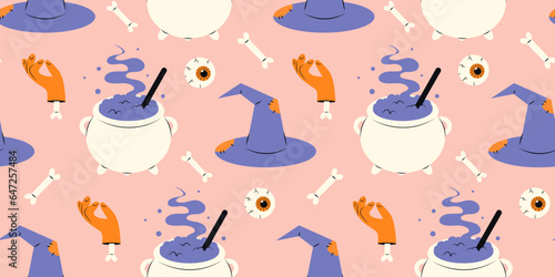 Cute Halloween seamless pattern with cauldron, hat, hand and eyes on pink background. Various flat elements. Pattern for wrapping paper and print design. Vector stock illustration in cartoon style