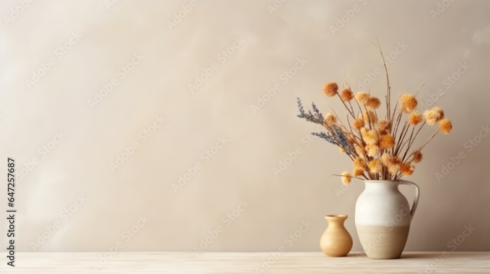 Wooden table with vase with bouquet of dried flowers near empty, blank wall. Home interior background with copy space. - obrazy, fototapety, plakaty 