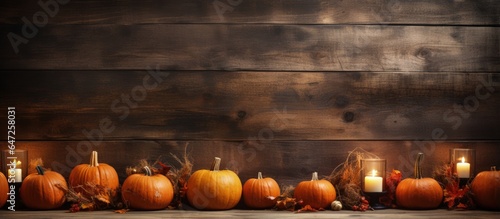 Candles burning by pumpkins on table near wooden wall