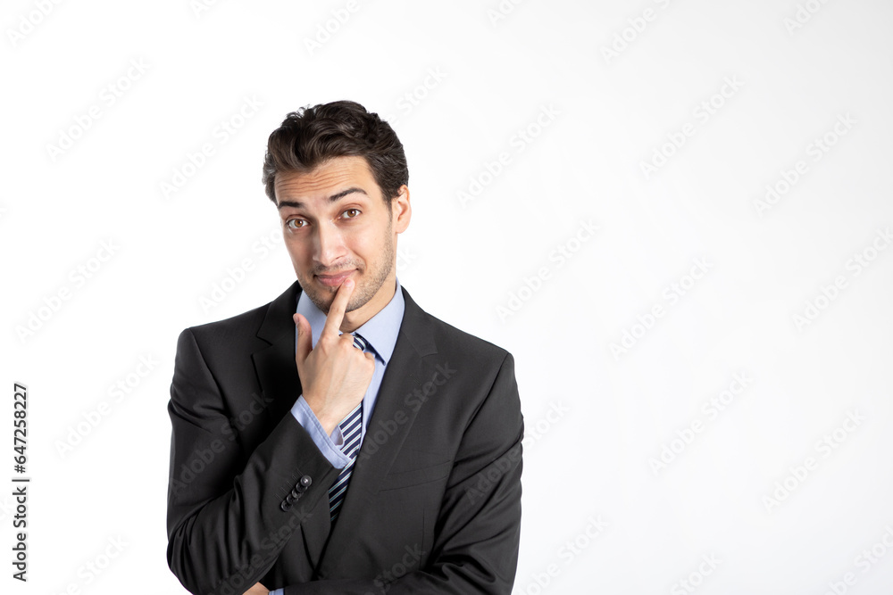 Handsome and interesting businessman in black suit thinking isolated on white background Handsome and interesting businessman in black suit thinking isolated on white background