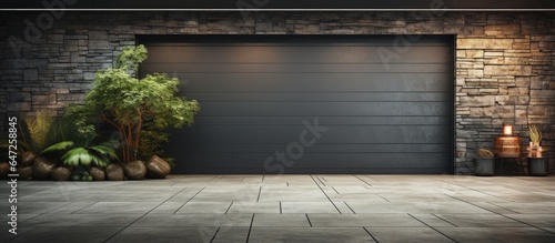 Brick wall and asphalt driveway leading to a big garage door