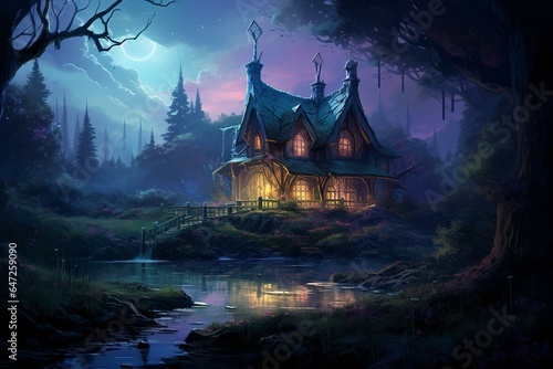 Twilight forest house with glowing windows. Digital art. Generative AI