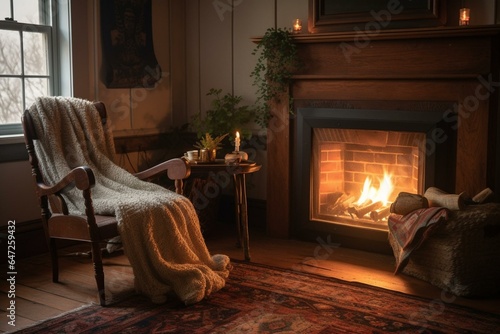 A cozy room with a fireplace, a chair adorned with a blanket, and another blanket hanging over the fireplace. Generative AI