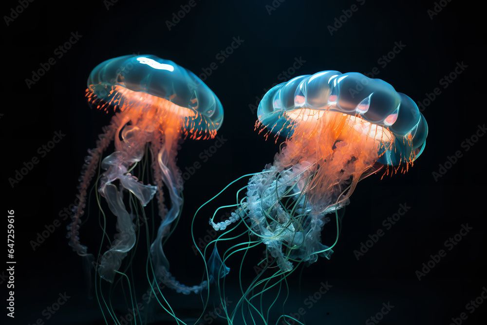 In the ocean's abyss, bioluminescent organisms emit ethereal glows, illuminating the dark waters with nature's own biological light show