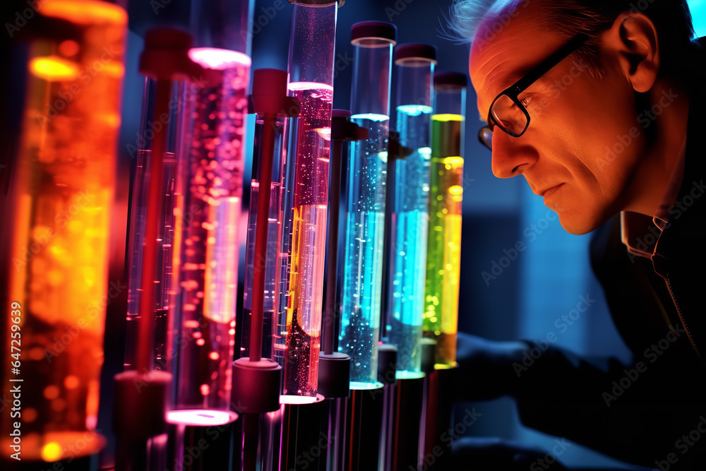 Inside a bustling laboratory, a biochemist meticulously mixes vibrant