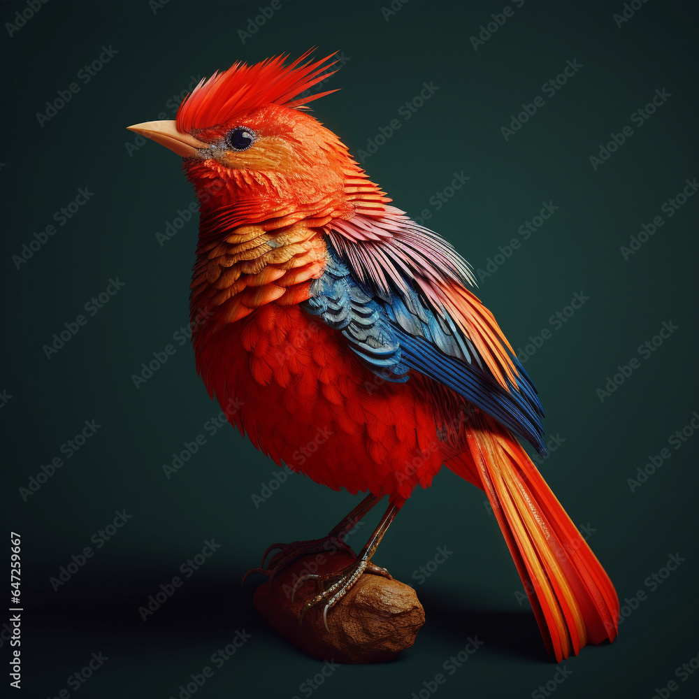 a 3d bird with beautiful feather colors