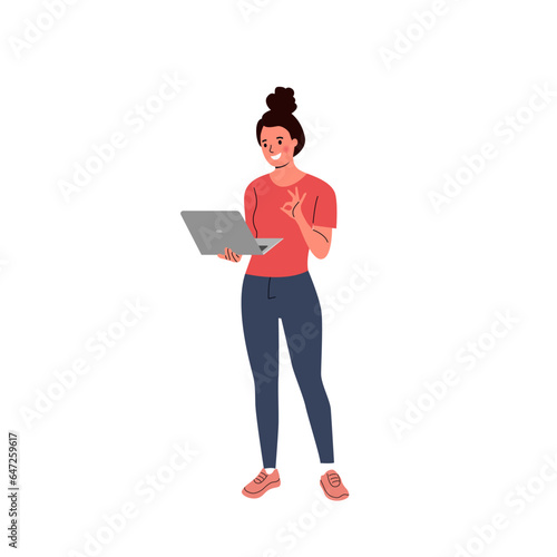 Young woman holding and using laptop. Vector flat style cartoon  illustration
