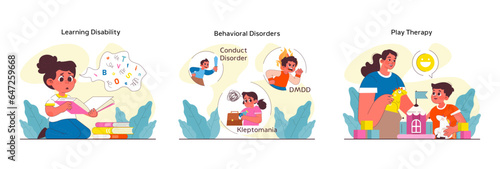 Fototapeta Naklejka Na Ścianę i Meble -  Children psychology set. Kid mental health awareness. Kid behavior