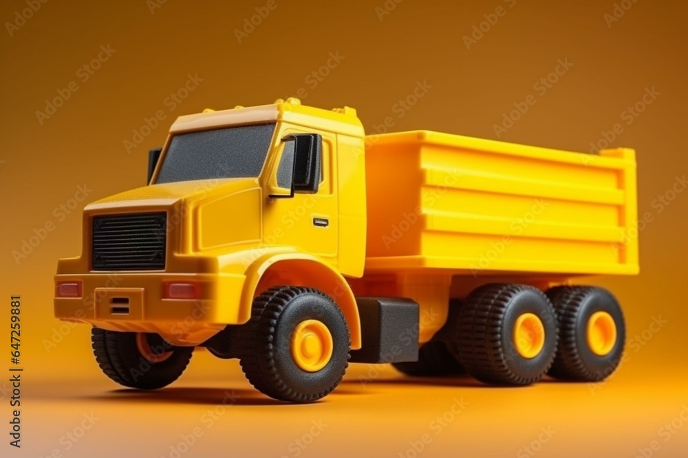 3D rendering of a yellow toy dump truck on a gradient background. Generative AI