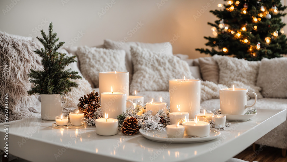 Candles, pine cones, garland, Christmas tree on the table in the living room Candles, pine cones, garland, Christmas tree on the table in the living room