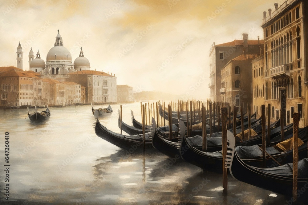 A picture of a serene landscape featuring gondolas in Venice, depicted through a painting or illustration. Generative AI