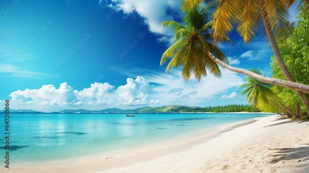Fototapeta premium Beautiful beach. Summer holiday and vacation concept background. Inspirational tropical landscape design. Tourism and travel design