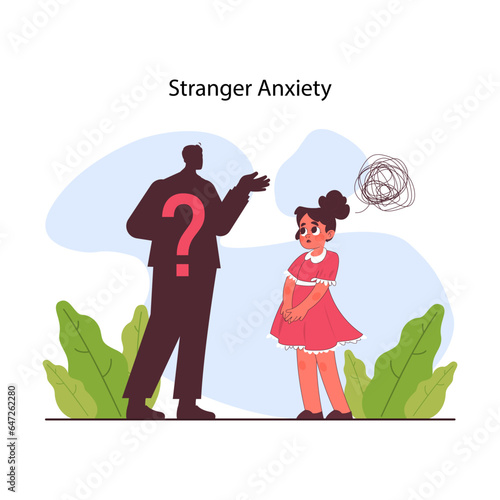 Stranger anxiety. Distressed girl experience fear and insecurity in front