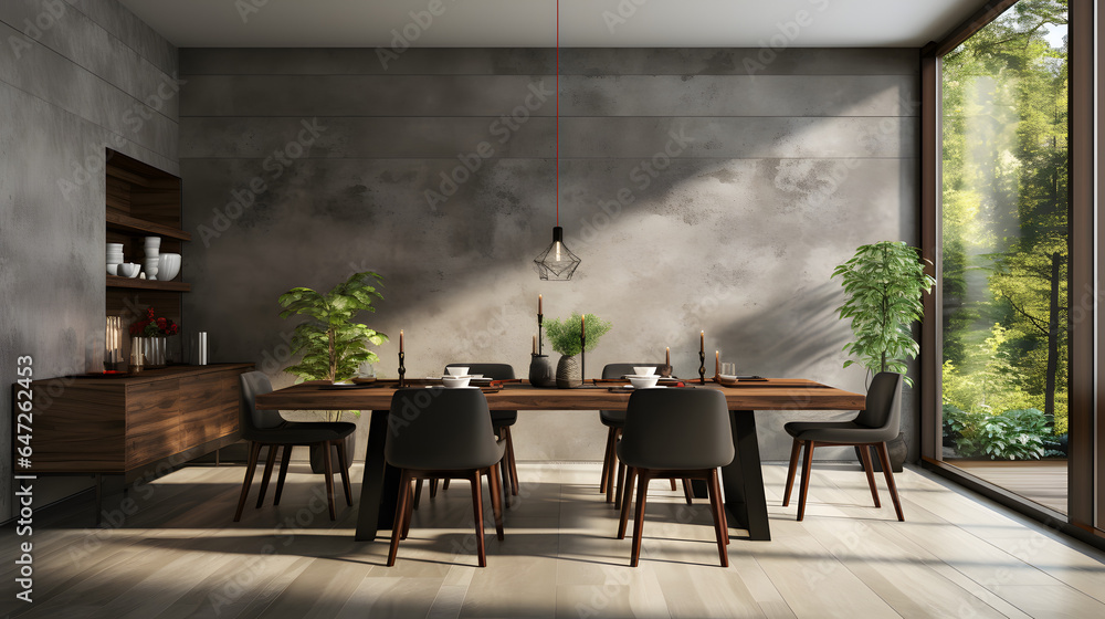  Interior design of modern dining room with concrete wall and window curtain