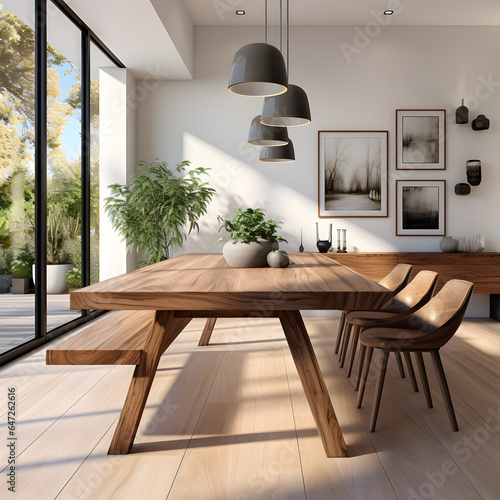 Interior design of modern dining room, dining table and wooden chairs. Poste on the white wall  photo