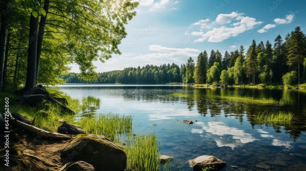 Naklejka premium Beautiful lakeside view with lush green trees, blue sky and sunlight