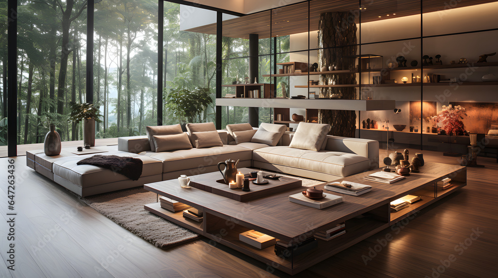 Interior design of modern living room with wooden spiral staircase ...