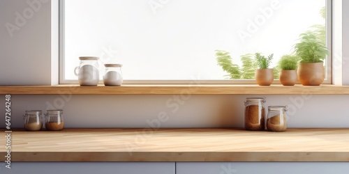 Wooden top on background of modern kitchen with window.