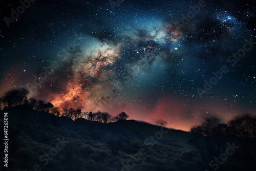 Nighttime space scene with galaxy, nebula, and bright stars. Generative AI