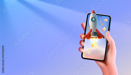 Smart phone creative idea, start up rocket, team work screen banner. Vector illustration