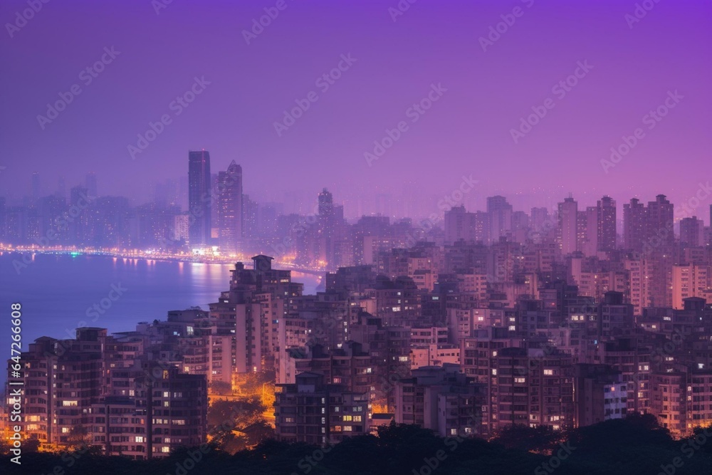 Mumbai cityscape transforming into purple during twilight. Generative AI