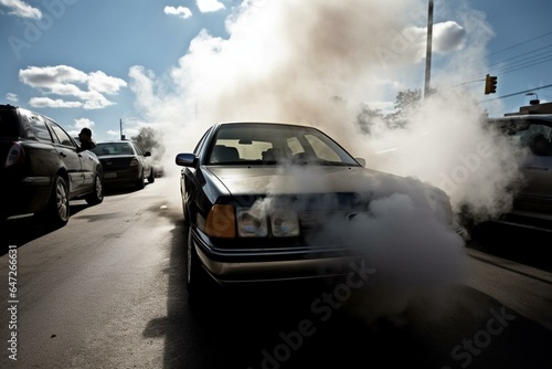 an automobile stuck in traffic emitting fumes. Generative AI