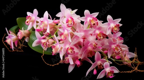 Boat orchid flower spike with pink flowers, close-up