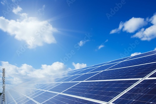 Renewable energy  blue solar panels against blue sky. Generative AI