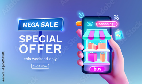 The store window in the smartphone, discount and purchase interest, online market. Vector illustration