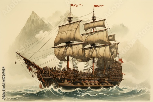Illustration of a traditional Chinese pirate vessel from the 19th century. Generative AI