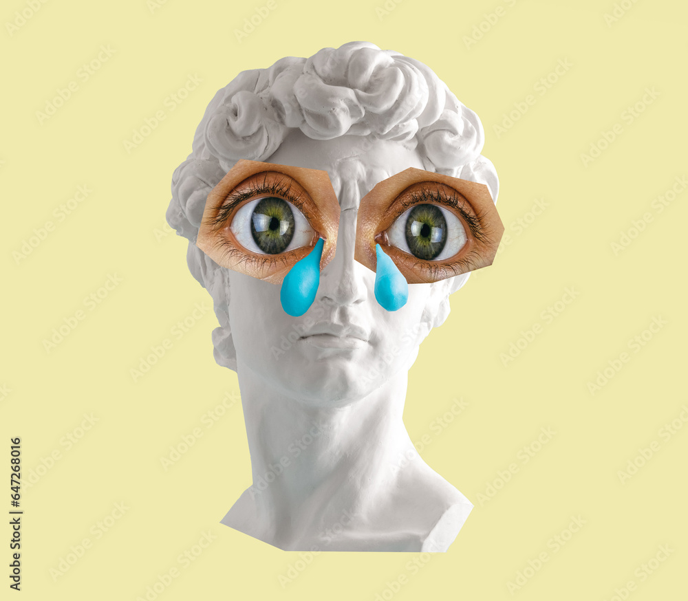 White plaster statue head of David with big eyes and tears on yellow background. Minimal art poster.