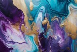 Abstract art with purple and turquoise tones, featuring marble swirls and agate ripples. Beautiful, natural background with golden powder. Generative AI