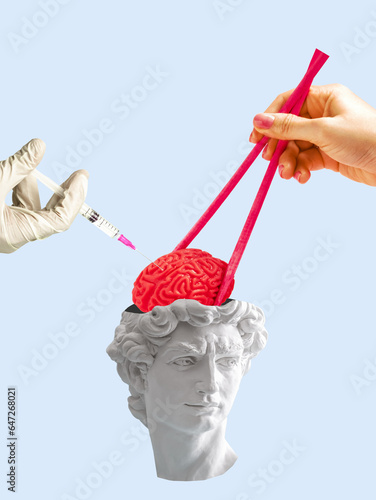 Obraz na plátne Ancient statue bust with open head and hand with chopsticks holding it's brain and hand with syringe