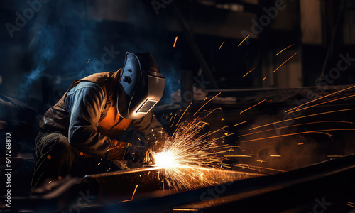 Welder in a protective mask while working in an industrial plant. © Mikołaj Rychter