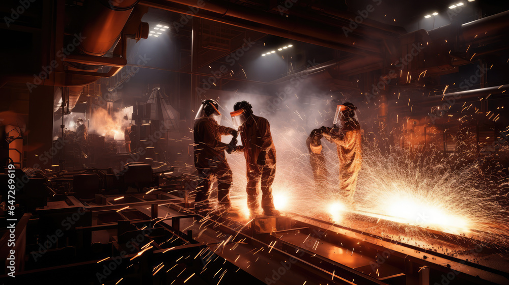 Workers welding a steel structure in a production plant Workers welding a steel structure in a production plant