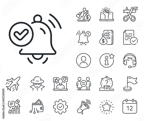 Selected reminder sign. Salaryman, gender equality and alert bell outline icons. Notification received line icon. Alarm bell symbol. Notification received line sign. Vector