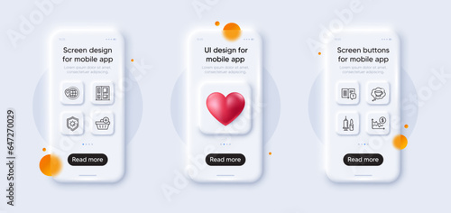Instruction manual, Dollar rate and Coffee cup line icons pack. 3d phone mockups with heart. Glass smartphone screen. Add purchase, Medical vaccination, World travel web icon. Vector