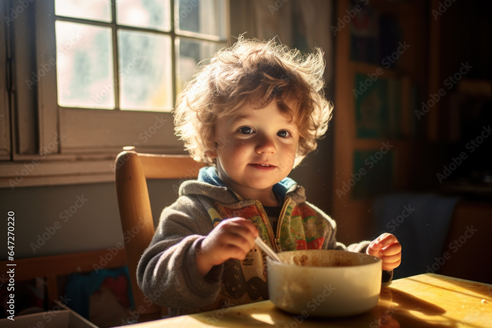 Toddler eating breakfast in a warm inviting home kitchen. - obrazy, fototapety, plakaty 
