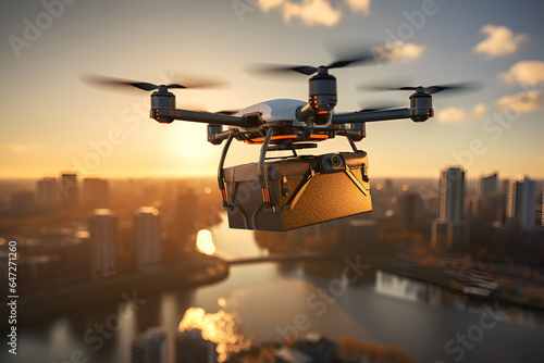 Drone delivery, contemporary city, drone technology, automatic delivery, robotic delivery, futuristic city, modern city, urban logistics