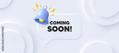 Coming soon tag. Neumorphic background with chat speech bubble. Promotion banner sign. New product release symbol. Coming soon speech message. Banner with bell. Vector